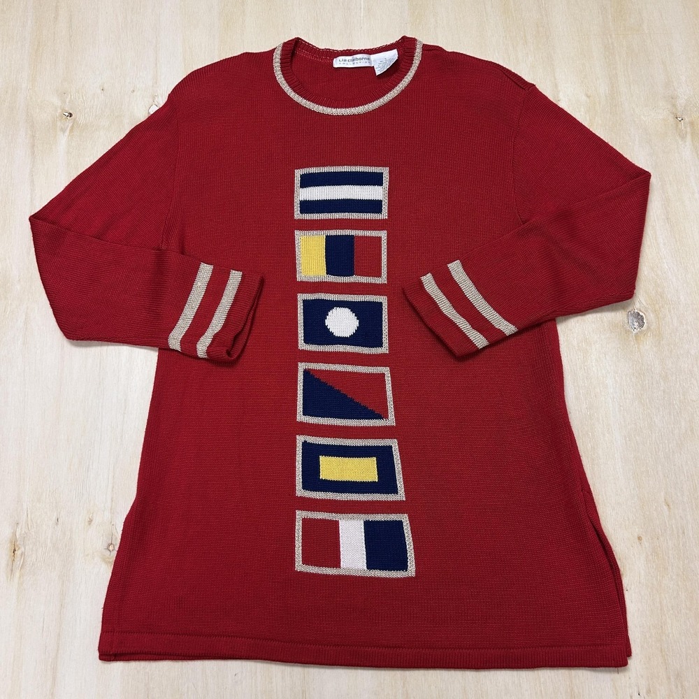 Liz Claiborne Collection Sweater Womens Small Red Crew Neck Nautical Tunic Knit